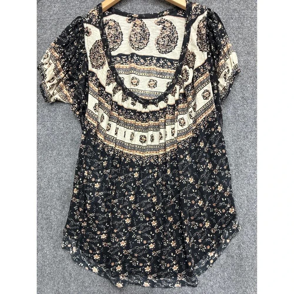 Free People Boho Paisley Floral Mixed Print Scoop Neck Low Puff Sleeve Knit Top
